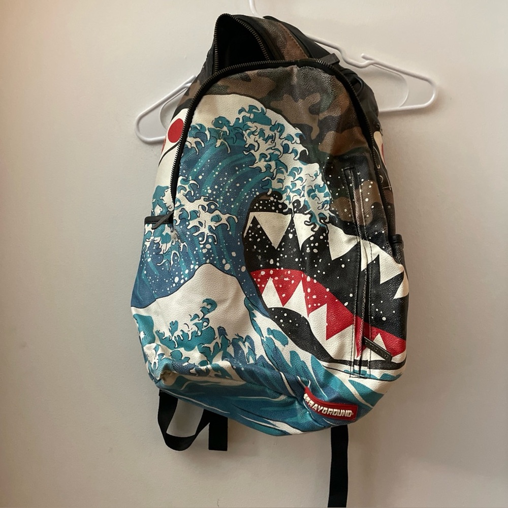 Sprayground Camo Shark Backpack with Blue Waves